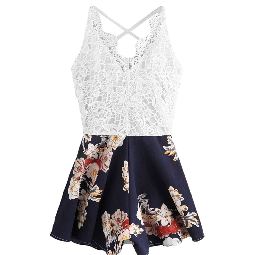 Boho Crochet V Neck Halter Floral Lace Romper